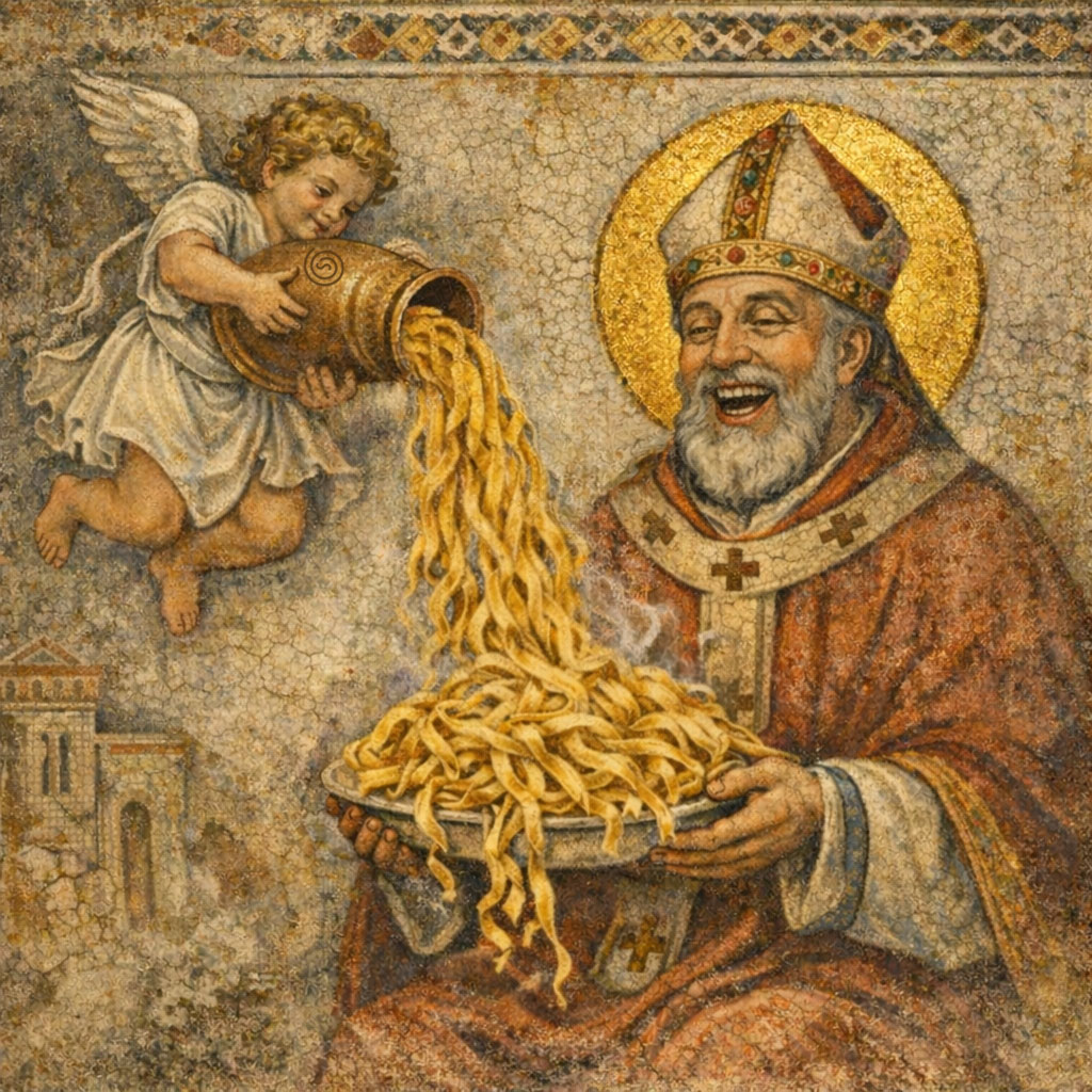 Italo-Byzantine–style fresco illustration of St. Valentine joyfully holding an overflowing plate of pasta as a cherub pours more from a vessel