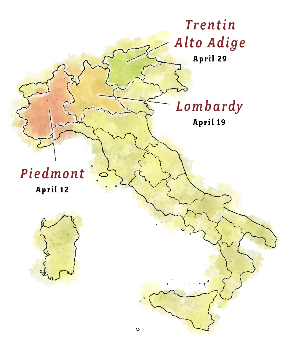 Map of Italy highlighting Piedmont, Lombardy, and Trnentino - Alto Adige Regions